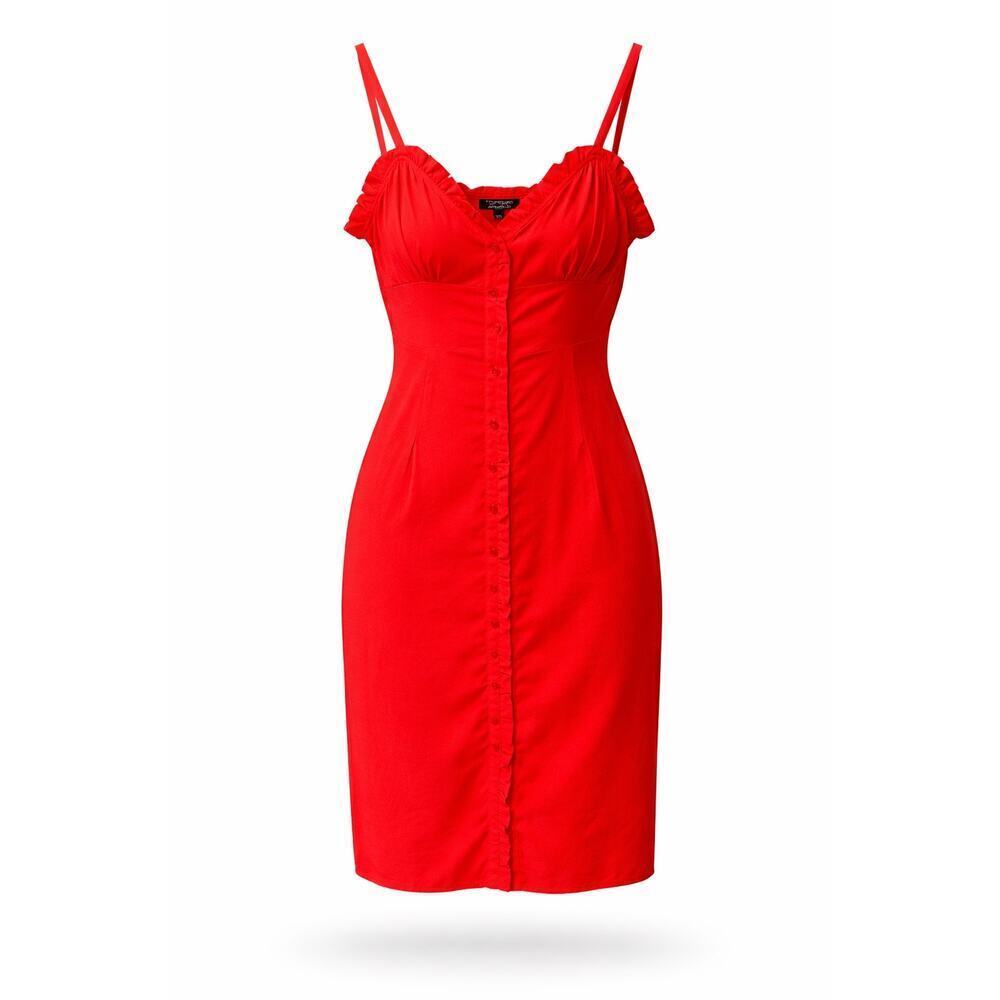 Topshop Red Midi Dress Womens US 4 Ruffle Trim Button Front Spaghetti Strap
